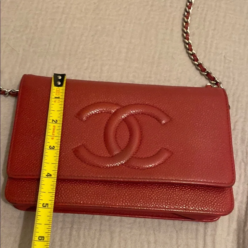 CHANEL Red Crossbody Bag with Silver Chain Strap. Wallet on chain.